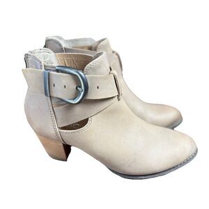 Vionic Upright Rory Ankle Booties Size 7 Taupe Leather Wooden High Heel Cutouts